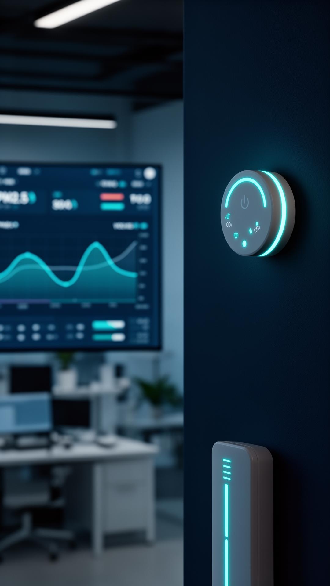 Smart building wall-mounted IoT air quality sensor with cyan indicators, real-time PM2.5 and CO₂ analytics dashboard in background